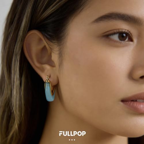 Fullpop Vintage Earrings for Women, Chunky 14K Gold Plated Resin Hoop Earrings Lightweight Hollow Drop Earrings Hypoallergenic Earrings for Women Vintage Anthropologie Jewelry Gifts for Women - size: V Shape Blue