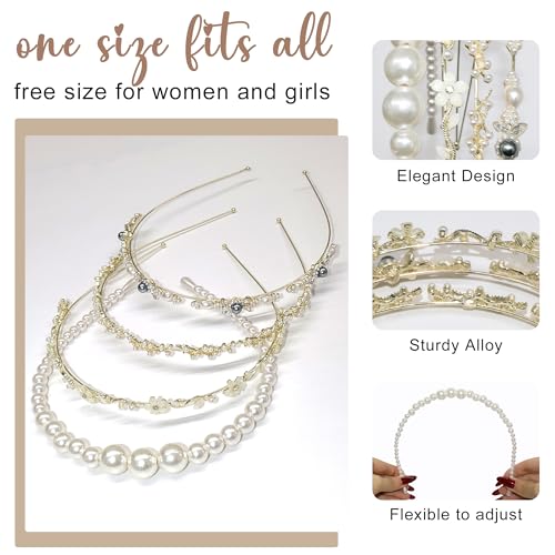 4 Pack Pearl Headbands for Women, Gold Metal Crystal Rhinestone Hair Bands, Elegant Thin Hair Hoops, Bridal Wedding Hair Accessories, Vintage Non-Slip Headpiece Gift Set - color: Type 16
