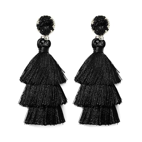 Tassel Earrings for Women - Colorful Layered Tassle Dangle Drop Earrings - color: Black