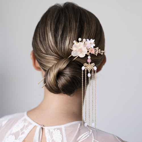 HINZIC 5PCS Silk Flower Tassels Hairpin, Crystal Rhinestone Pearl Hair Clips Headpiece Retro Flower Chinese Hanfu Wedding Brides Hair Accessories Jewelry for Women Girls Updo Long Hair - color: Pink-3pcs