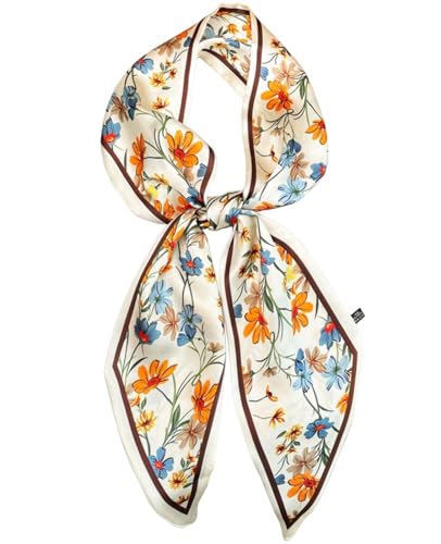kcctoo 59" Mulberry Silk Like Head Scarf Women's Fashion Square Neck Satin Scarfs for Bag Hair Scarves Gift 59 * 5.9” - color: I08-pretty Flower/59” X 5.9”