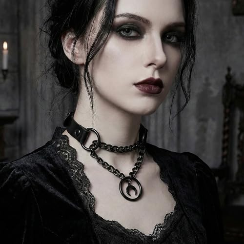 Black Gothic Chain Choker with O-ring and Moon Pendant, Punk Grunge Emo Leather Necklace For Women