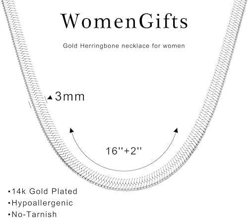 WomenGifts 14K Gold Silver Plated Herringbone Necklace for Women, Dainty Snake Chain Choker, Trendy Simple Long Layered Jewelry Non Tarnish, 3/4/5/8mm,14,16,18,20,22,24,26 Inch Thin & Chunky Options - color: Silver, style: 3mm-16inch