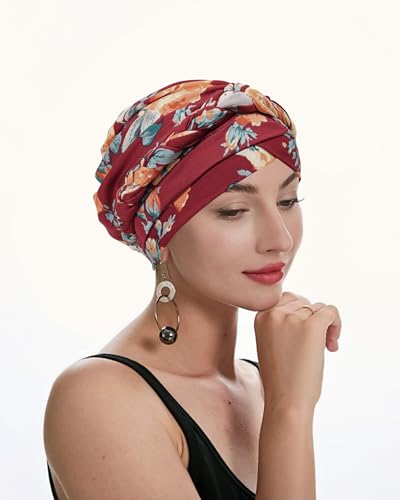 ZLYC Chemo Headwear for Women Pre Tied Turban Headwear Lightweight Beanie Hat - color: Braid Floral Burgundy