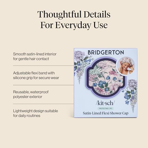 Bridgerton x Kitsch Satin-Lined Flexi Shower Caps for Women Reusable Waterproof - Large Wide Shower Cap for Women & Men, Adjustable, Stylish Hair Cap for Showers, For Long & Short Hair - Wisteria - color: Wisteria