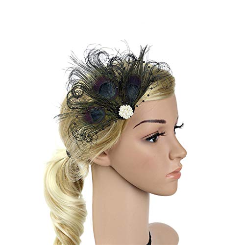 Fascinator Peacock Feather Hair Clips Flapper Headband Art Deco 20's Accessories for Women - color: 05black