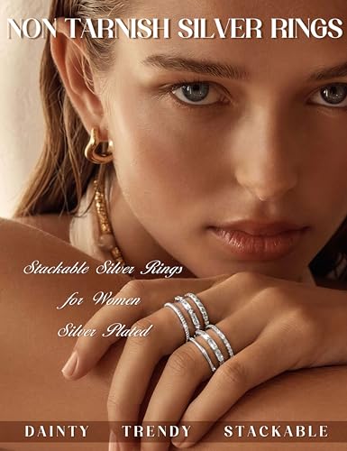 FIBO STEEL Gold Rings for Women Non Tarnish Dainty Stackable Ring Set Hypoallergenic Cubic Zirconia Wedding Band Promise Bands for Her Women's Jewelry Size 5-10 - color: White Gold Plated