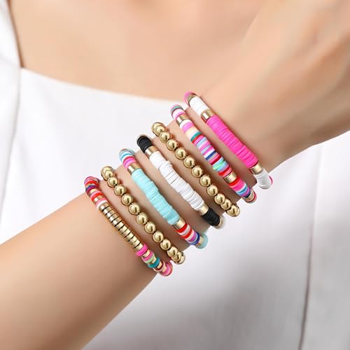 XIANNVXI 7pc Heishi Clay Bead Bracelets for Women Gold Plated Beaded Bohemian Stackable 6.8In Stretch Bracelets Elastic Layering Friendship Jewelry Boho Gift Set - color: Pink Blue