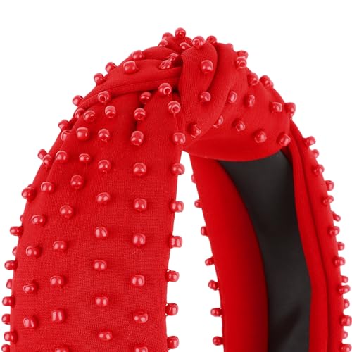 YISSION Red Beaded Knotted Headband, Wide Non-Slip Padded Top Knot Hairband for Women & Girls, 4th of July Independence Day Party Hair Accessories - color: Red