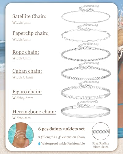 Besteel Ankle Bracelets for Women Waterproof - 14K Gold Plated Non Tarnish Layered Cuban Link Chain Rope Figaro Herringbone Anklets Set Plus Size Anklet Summer Foot Jewelry Gift Adjustable 8-12 Inch - style: 6 Pcs Silver Cuban-8.5+2.5 Inch