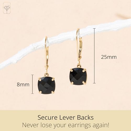 14k White or Yellow Gold Cushion Cut Gemstone Dangle Earrings for Women with 8mm Birthstones by MAX + STONE - color: Onyx