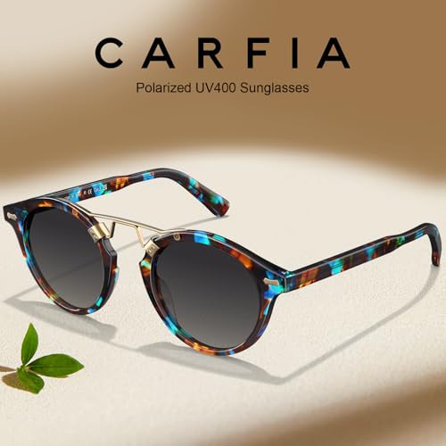 CARFIA Double Bridge Small Acetate Sunglasses for Women Polarized, Retro Metal Brow Ladies Sunnies Fashion Round Eyewears - color: 8. Blue Floral Tortoise Frame Gradient Grey Lens