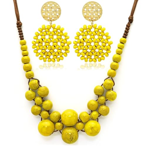 2 Pcs Hippie Boho Colorful Ceramic Beaded Necklace and Earrings Set for Women Adjustable Chunky Round Beads Strand Statement Necklace Colorful Summer Beaded Earrings Bohemian Jewelry Gift - color: Earth Yellow