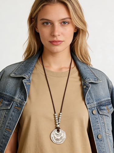 Bohemian Necklaces for Women Long Leather Necklace with Large Pendant Chunky Boho Hippie Jewelry Pendant Chocker Necklace - style: Large Statement Pendant Necklace