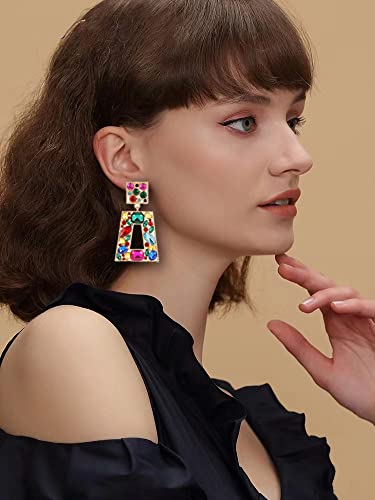 Rhinestone Rectangle Statement Earrings Colorful Crystal Geometric Drop Dangle Earrings for Women Prom Party - color: colorful