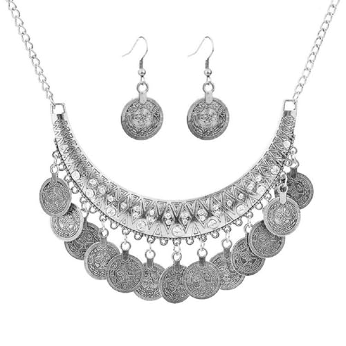 KZL 3PC Gypsy Jewelry Set Bohemian Coin Necklace Bracelet Earrings for Women Vintage African Indian Costume Festival Party Accessories - color: Green