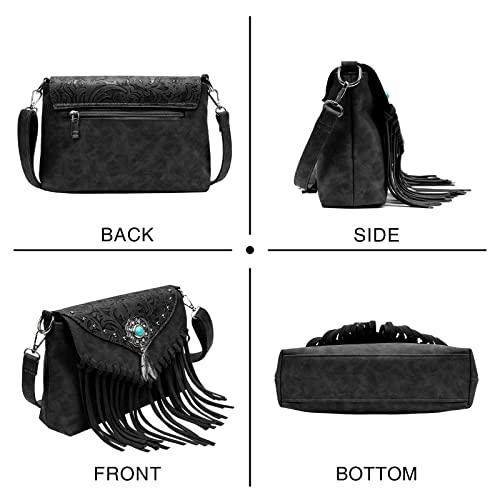 LAVAWA Small Crossbody Bags for Women Crossbody Handbag Fringe Purse Tassel Shoulder Bag Turquoise Concho Wallet - color: Black