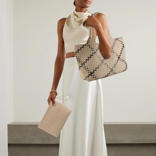 Woven Bag for Women, Large Neoprene Tote Bag Summer Beach Handbag Purse Retro Handmade Travel Shoulder Bag Set - color: Apricot-b