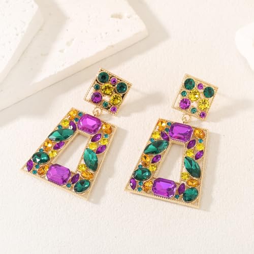 Rhinestone Rectangle Statement Earrings Colorful Crystal Geometric Drop Dangle Earrings for Women Prom Party - color: Mardi Gras