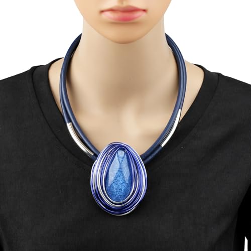 Ethnic Crystal Rhinestone Pendant Necklace Earrings Set Women Handmade Tribal Collar Choker Chunky Metal Bib Rope Chain African Statement Jewelry Set - color: NXR1484-blue