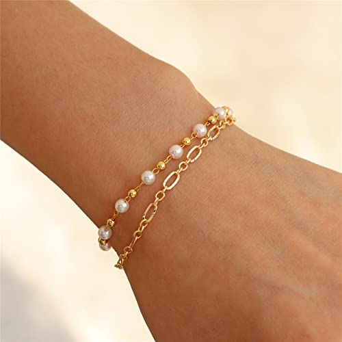 Dainty Pearl Chain Bracelets 14K Gold Bracelet for Women Adjustable Baroque Culture Jewelry Gifts for Mother Wife - color: C