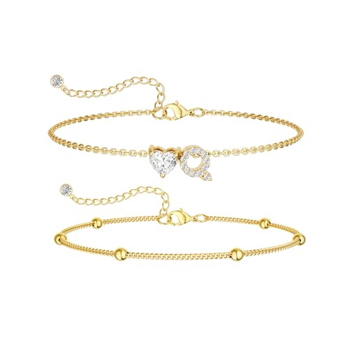 CAROVO Gold Ankle Bracelets for Women Waterproof 14K Real Gold Plated CZ Initial Anklet for Women Dainty Layered Letter A-Z Heart Ankle Bracelets Handmade Adjustable Anklet Summer Beach Jewelry - style: Q