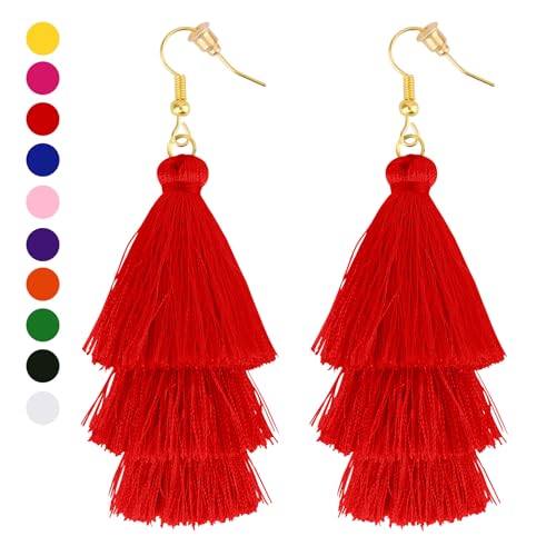 Earrings for Women Dangling, Layered Tassel Earrings Fringe Earrings Bohemian Studs Drop Earrings - color: Red