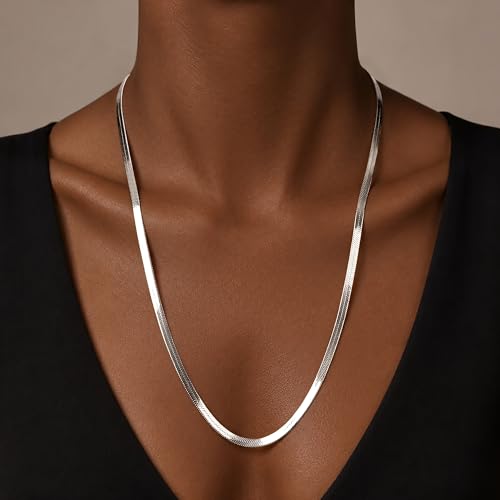 WomenGifts 14K Gold Silver Plated Herringbone Necklace for Women, Dainty Snake Chain Choker, Trendy Simple Long Layered Jewelry Non Tarnish, 3/4/5/8mm,14,16,18,20,22,24,26 Inch Thin & Chunky Options - color: Silver, style: 3mm-24inch