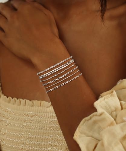 DEARMAY Sterling Silver Plated Bracelets Set for Women Waterproof, Non Tarnish Sterling Silver Link Chain Bracelets Pack Dainty, Fashion Jewelry Gifts for Everyday Comfortable - color: 6Pcs Silver Bracelets D