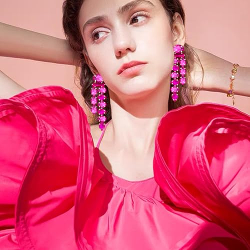 Boho Large Sparkly Rhinestones Teardrop Drop Dangle Earrings Long Tassel Full Crystals Chain Earrings for Women Wedding - style: Rose Red