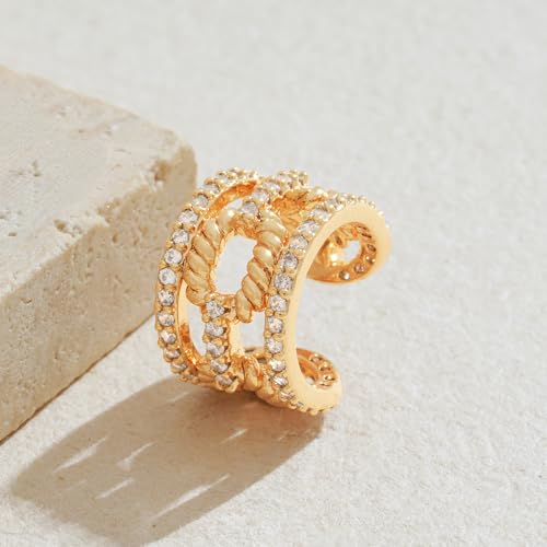 MTMY Gold Ear Cuff Earring for Women 14K Gold Plated Cubic Zirconia Non-Pierced Clip on Cartilage Chunky Ear Cuffs Hypoallergenic Jewelry - style: chain