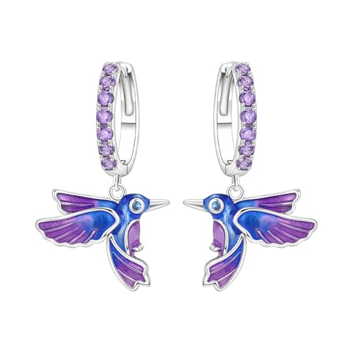 925 Sterling Silver Dangle Earrings for Women, Butterfly&Bee Animals Design, Hypoallergenic Jewelry gifts - color: Blue purple bird earrings