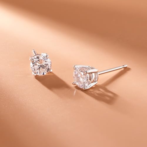 Amazon Essentials Plated Sterling Silver Cubic Zirconia Stud Earrings (Round & Princess) - color: White/Platinum, size: 7.5 mm, style: Round Cut