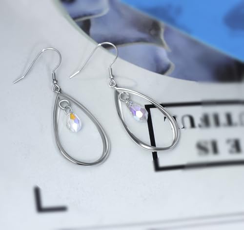 Rhodium Plate 925 Sterling Silver Hook Twist Leaf Holiday Hypoallergenic Dangle Earrings for Women Gifts Engagement Wedding with Austrian Daiamond Cut Waterdrop Crystal Hight Polished Long :1.9 IN - color: AB Color(Waterdrop style)