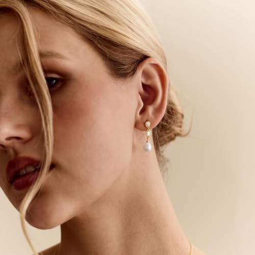 Pearl Earrings for Women, 14k Gold Plated Trendy Diamond Pearl Drop Earrings Hypoallergenic Dainty Bridal Gifts Wedding jewelry for Women - color: E- Gold