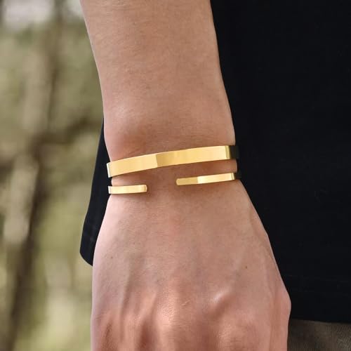 MEALGUET Stainless Steel Mens Cuff Bracelet : Minimal Cool Silver/Black/Gold Plated Open Metal Cuff Bangle Bracelets for Men,Mens Bracelet Jewelry Gift - color: Gold Plated-2-Pack, size: Medium( fit 5.5"-7.2" wrist)