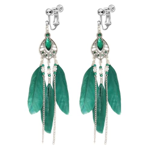 Clip on Tassel Dangle Earrings for Boho Women, Non Pierced, Colorful Feather Handmade Beads Fashion Vintage Fringe Jewelry for Parties Weddings Festivals Trendy Statement Earrings for Bohemian - color: Green A