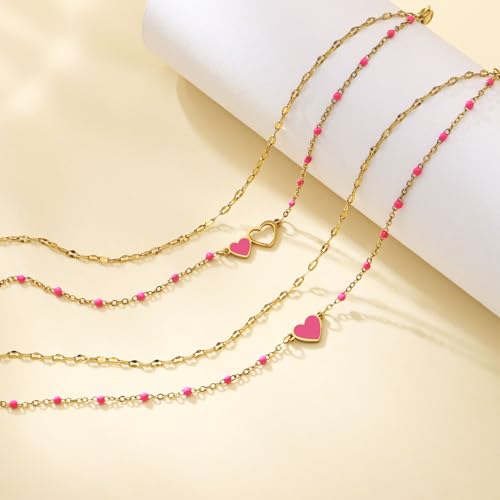 Summer Beach Jewelry Gift-Layered Gold Ankle Bracelets for Women - Waterproof 18k Gold Plated Hot Pink Heart Anklets Non Tarnish Come with Box - color: Double Heart