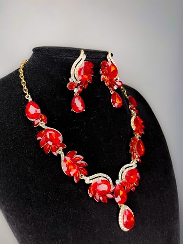 Women Jewelry Set Rhinestone Crystal Bride Statement Choker Necklace Teardrop Cluster Dangle Earrings Set for Wedding Prom Party - color: redness