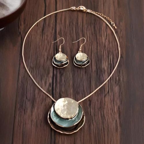 Boho Stud Earring Necklace Set,Vintage Jewelry Set,Trendy Dangle Disc Necklace Jewelry Sets for Women - color: Green