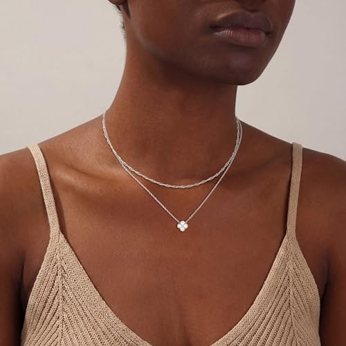 Dainty Gold Necklaces for Women Trendy Non Tarnish 14K Gold Plated Cubic Zirconia Necklace Layered Simple Cute Four Leaf Clover Choker Jewelry Birthday Gifts - color: Silver, style: Layered CZ