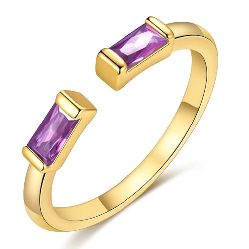 TOBENY Gold Birthstone Rings for Women 14K Gold Plated Adjustable Rings Non Tarnish Gold Stackable Rings Dainty Emerald Green Cubic Zirconia Ring for Mother Daughter Birthday Jewelry Gifts - color: Feb+Feb