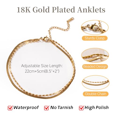 Gold Anklets for Women Gold Ankle Bracelets for Women Waterproof 18K Non Tarnish Beaded Plus Size Beach Stainless Steel Gold Plated Womens Anklet Jewelry