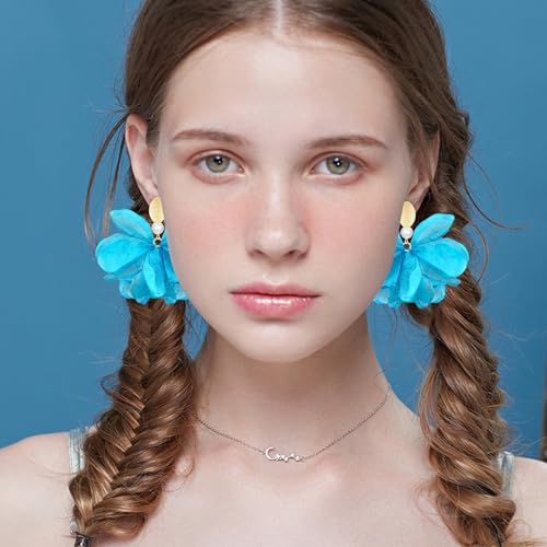 Handmade Fabric Flower Petal Fringe Dangle Drop Earrings Bohemian Floral Tassel Stud Earrings For Women - color: Sky Blue