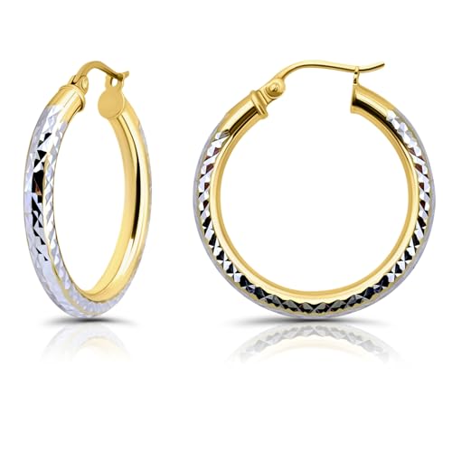 Hoops & Loops 925 Sterling Silver Diamond-Cut Round Hoop Textured 3mm Click-Top Earrings for Women, Slver, Two-Tone 14K Yellow Gold Flash Plate 15/20/25/30/35/40/45/50mm Hoops - color: Two-Tone Gold & Silver, size: 25mm (1'')