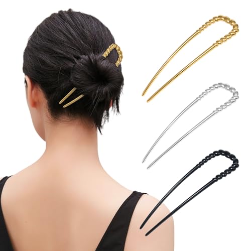 AWAYTR 3Pcs French Hair Pins for Women - Metal Hair Forks for Elegant Bun, Twist & Chignon Hairstyle Accessories (Twisted+Black+Gold+Sliver) - color: Twisted+Black+Gold+Sliver