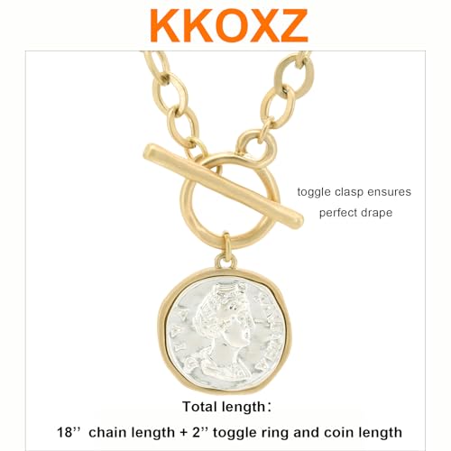 Chunky Gold Coin Pendant Necklace Trendy Layered Statement Chain for Women, Antique Toggle Design with Thick Link, Fashionable Necklaces for Women - color: Worn Gold/Sliver