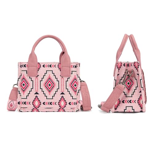 Wrangler Mini Aztec Tote Bag for Women Boho Small Top Handle Purse with Adjustable Strap - color: Boho Pink