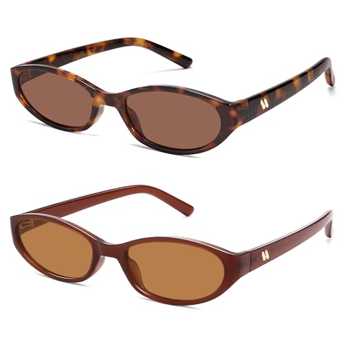 Retro Oval Sunglasses for Women Men Y2k Narrow Cat Eye Sunnies Skinny Shades AR82299 - color: B11 Tortoise/Brown+orange Brown/Light Tea