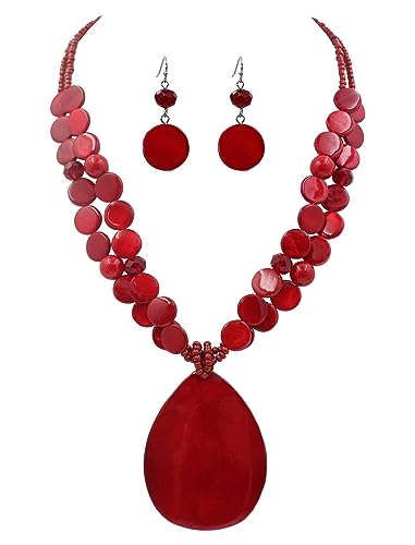 Big Teardrop Pendant Necklaces for Women Colorful Beaded Necklaces Statement Set for Holiday. - color: Red
